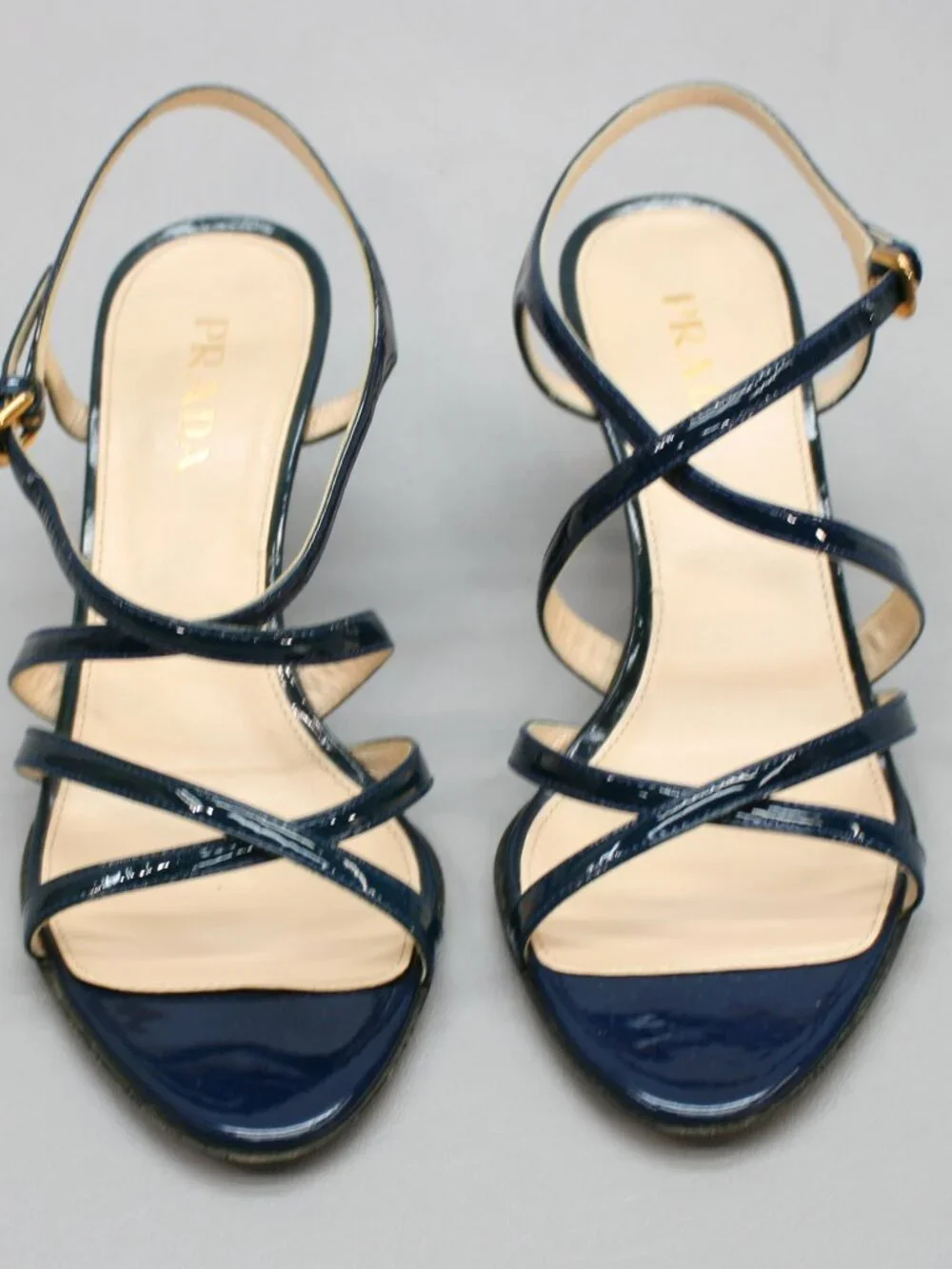 Prada 36 Ladies 6 Blue Patent Leather Slingback Heels Strappy Shoe Sandals Italy - Picture 6 of 12